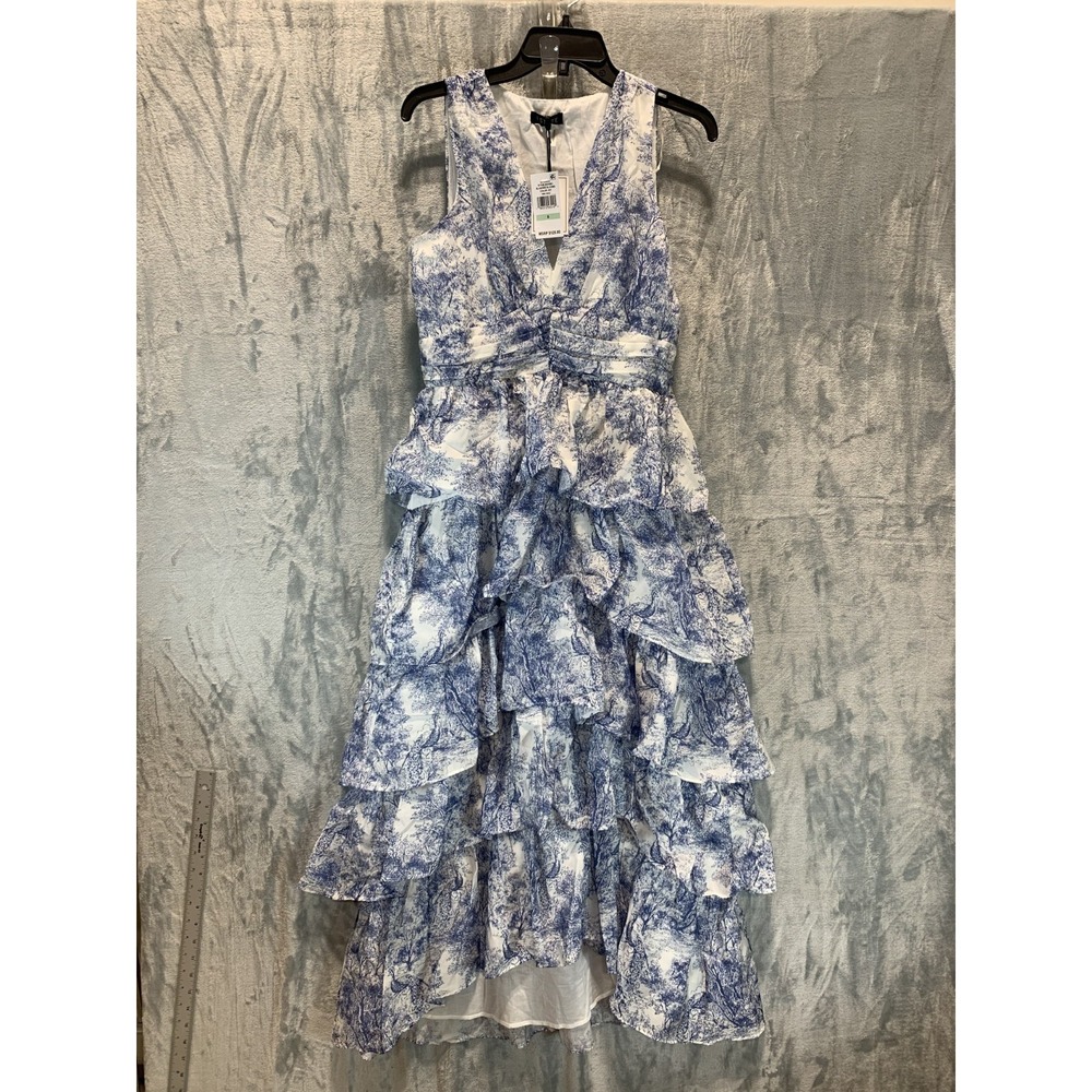 1.State Women's Maxi Dress 8 Tiered Toile Blue White Cascading Ruffle V Neck